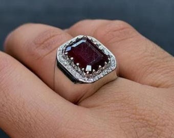 Anillo de rubí rojo natural de corte esmeralda, hecho a mano en plata de ley 925. Anillo de rubí rojo intenso, anillo de rubí rojo intenso de lujo, anillo de rubí.