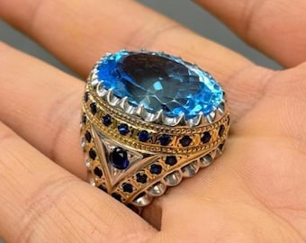 ハンドメイド 指輪 青いトパーズ天然石 スターリングシルバー トルコ製17号 20カラットの天然ビッグブルートパーズスターリングシルバー925