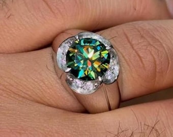 5 Carat Real Certified Green Diamond Handmade 925 Sterling Silver Ring, Men Diamond Ring, Rare Green Moissanite Diamond Ring