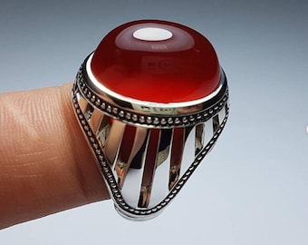 Yemni Red Agate Handmade 925 Sterling Silver Ring, High Quality Real Red Aqeeq Ring, Oval Shape Red Aqeeq Ring, Men Red Aqeeq Ring