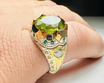 Natural Green Peridot Ring Handmade 925 Sterling Silver Ring, Rare Green Peridot Ring, August Birthstone Peridot Ring