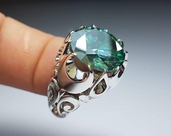 9 Carat Rare Green Diamond Handmade 925 Sterling Silver Ring, Men Top Quality Green Diamond Ring, Rare Green Moissanite Wedding Diamond Ring