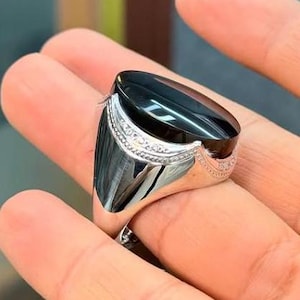 Real Big Black Agate Handmade 925 Sterling Silver Ring, Luxury Black Aqeeq Ring, Beautiful Oval shape Black Aqeeq Ring