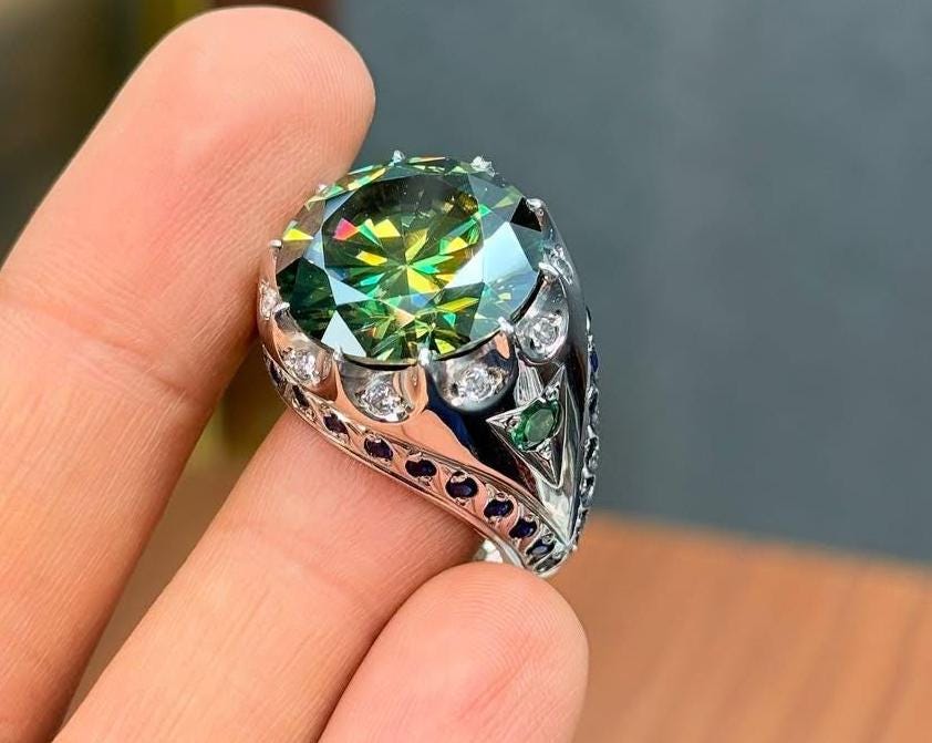20 Carat Real Green Diamond Handmade 925 Sterling Silver Ring, Men Big Diamond Ring, Rare Green Moissanite Diamond Ring, Gift for him