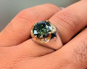 5 Carat Rare Certified Green Diamond Handmade 925 Sterling Silver Ring, Men Diamond Ring, Rare Green Moissanite Diamond Ring