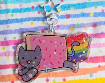 May include: A clear acrylic keyring featuring a cartoon cat riding a Pop-Tart through a rainbow. The Pop-Tart has pink icing with sprinkles. The cat is grey with pink cheeks and paws. The keyring has a star-shaped clasp.