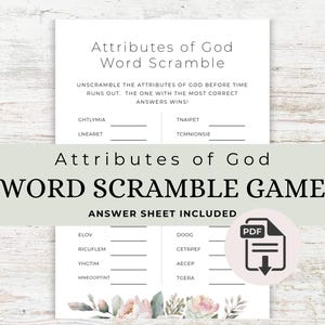 Op de afbeelding: Een afdrukbaar woordzoekspel met de titel "Attributes of God Word Scramble Game". Het spel bevat door elkaar gehusselde woorden en lege vakken voor antwoorden. Het ontwerp heeft bloemaccenten en een PDF-pictogram.