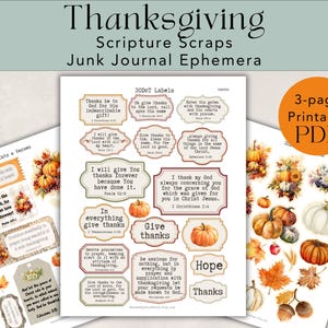 May include: Thanksgiving-themed printable ephemera for junk journals. The image features labels, cutouts, and verses with pumpkins, leaves, and the words "Thanksgiving," "Give Thanks," and Bible verses. A 3-page PDF is also included.