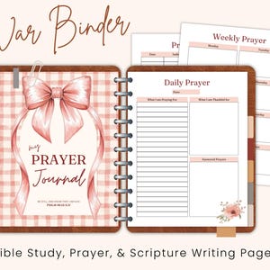 May include: Open prayer journal with a pink bow illustration on the cover, the words "my PRAYER Journal" are visible. The journal is open to reveal lined pages for daily and weekly prayer. The text "Bible Study, Prayer, & Scripture Writing Pages" is at the bottom.
