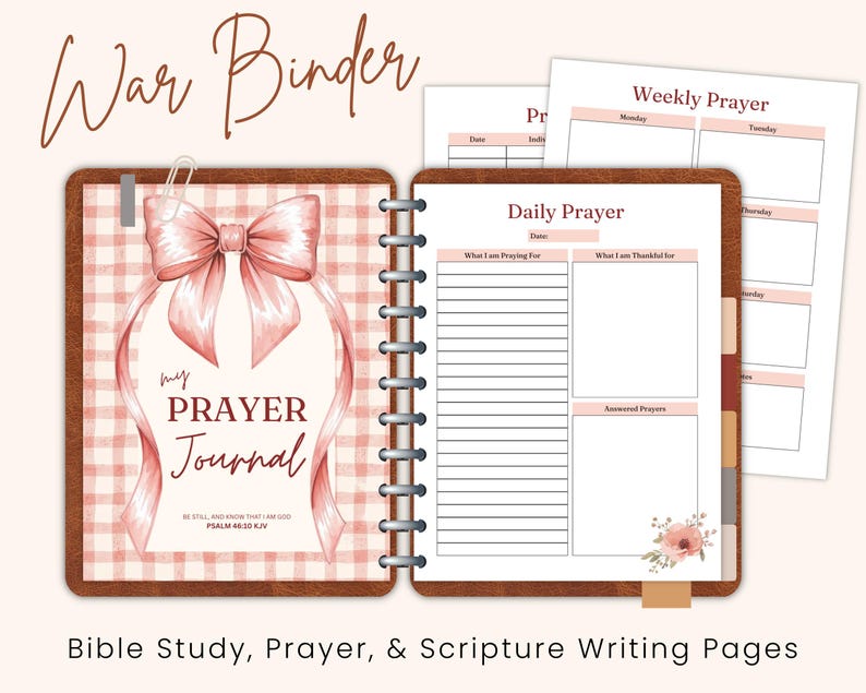 May include: Open prayer journal with a pink bow illustration on the cover, the words "my PRAYER Journal" are visible. The journal is open to reveal lined pages for daily and weekly prayer. The text "Bible Study, Prayer, & Scripture Writing Pages" is at the bottom.