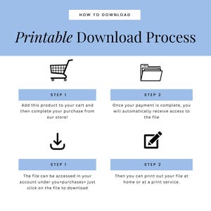 May include: A light blue graphic with the text "HOW TO DOWNLOAD" and "Printable Download Process." The image shows a shopping cart, file folder, and other icons with instructions on how to download a file.