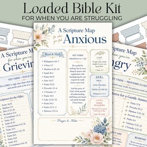 Pode incluir: Um kit bíblico carregado com várias folhas impressas intituladas Scripture Map para várias emoções como Anxious, Grieving e Angry. Cada folha apresenta ilustrações florais, listas de versículos bíblicos e seções para orações e notas.