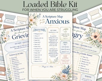 May include: A Loaded Bible Kit featuring multiple printed sheets titled Scripture Map for various emotions like Anxious, Grieving, and Angry. Each sheet includes floral illustrations, lists of Bible verses, key verses, and sections for prayer and notes.
