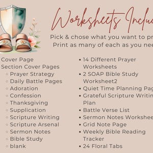 May include: A digital download featuring a shield, sandals, and floral accents. Text reads "Worksheets Include" with a list of printable pages for prayer, Bible study, and sermon notes. Includes 24 floral tabs.