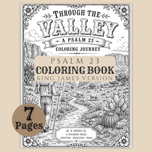 May include: A black and white coloring book with the title "Through the Valley, A Psalm 23 Coloring Journey." The book contains detailed illustrations of a landscape with a person walking a path. The text "Psalm 23 Coloring Book, King James Version" is also visible.