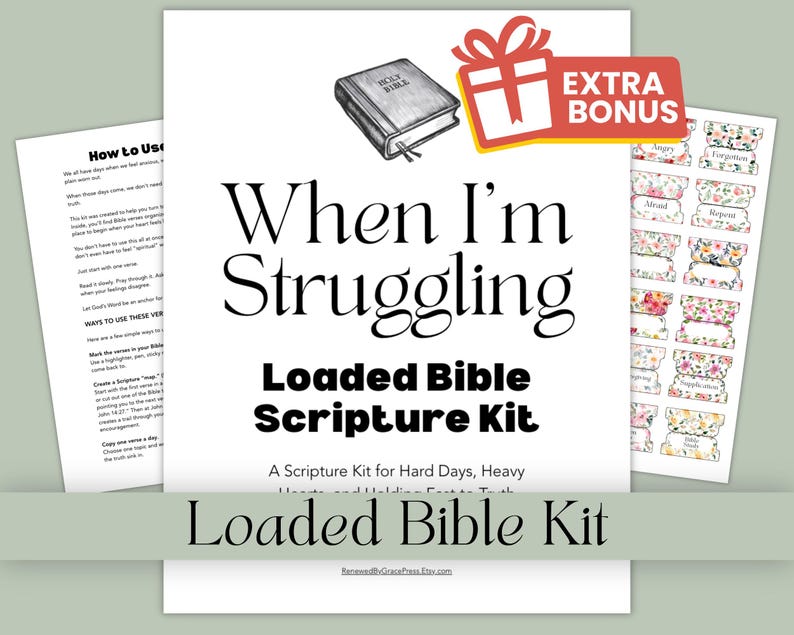 Peut inclure: Un kit de papier blanc intitul&eacute; "When I'm Struggling Loaded Bible Scripture Kit". Le kit comprend un livret, une feuille d'onglets &agrave; motifs floraux et une petite illustration d'une Bible. Un autocollant "Extra Bonus" est &eacute;galement visible.