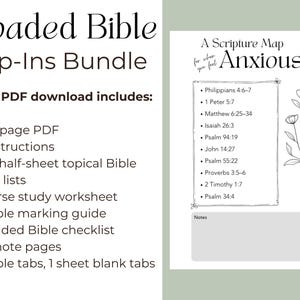 Peut inclure: Un ensemble de t&eacute;l&eacute;chargement num&eacute;rique intitul&eacute; "Loaded Bible Tip-Ins". Le lot comprend un PDF de 17 pages, des instructions, des listes de versets, une feuille de travail, un guide de marquage, une liste de contr&ocirc;le, des pages de notes et des onglets bibliques. Une "Carte des &Eacute;critures pour quand vous vous sentez anxieux" est &eacute;galement incluse.