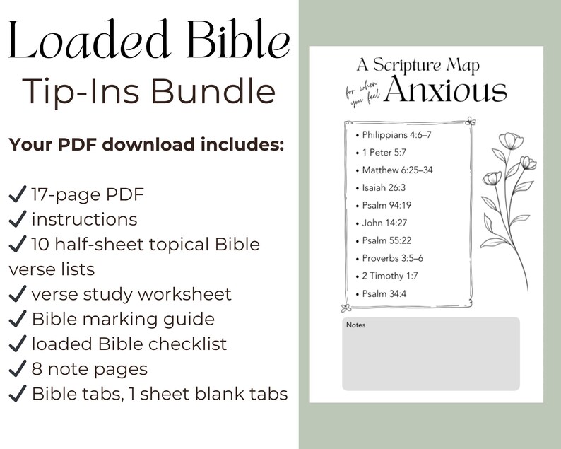 Peut inclure: Un ensemble de t&eacute;l&eacute;chargement num&eacute;rique intitul&eacute; "Loaded Bible Tip-Ins". Le lot comprend un PDF de 17 pages, des instructions, des listes de versets, une feuille de travail, un guide de marquage, une liste de contr&ocirc;le, des pages de notes et des onglets bibliques. Une "Carte des &Eacute;critures pour quand vous vous sentez anxieux" est &eacute;galement incluse.