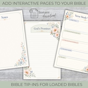 May include: Three printable pages for a bible featuring floral accents and text. The left page is a dotted notes sheet, the center page is titled God's Promises with lined paper, and the right page is a Verse Study Worksheet with prompts.