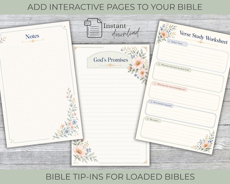 May include: Three printable pages for a bible featuring floral accents and text. The left page is a dotted notes sheet, the center page is titled God's Promises with lined paper, and the right page is a Verse Study Worksheet with prompts.
