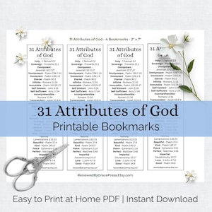 Puede incluir: Marcadores imprimibles con los "31 Atributos de Dios" y los versículos bíblicos correspondientes. El diseño incluye una lista de atributos y referencias bíblicas, con el texto "Easy to Print at Home PDF | Instant Download".