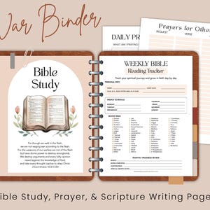 May include: A brown War Binder with Bible study, prayer, and scripture writing pages. The binder includes a Bible study page with an open book illustration, a weekly reading tracker, and a prayers for others page. The text "War Binder" is at the top.