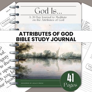 以下が含まれることがあります： 「God Is...」というタイトルの、31日間の神の属性について瞑想するための聖書研究ジャーナル。表紙には風景画と「Attributes of God Bible Study Journal」の文字が描かれています。41ページあります。