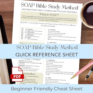 Puede incluir: Una hoja de papel blanca titulada SOAP Bible Study Method, que presenta una guía de estudio bíblico con secciones para Escritura, Observación, Aplicación y Oración. El documento incluye un icono de PDF, dos bolígrafos y una taza de café.