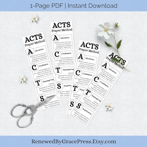 Peut inclure: Cartes de prière imprimables en noir et blanc avec l'acronyme ACTS, qui signifie Adoration, Confession, Action de grâce et Supplication. Les cartes sont conçues pour aider les gens à prier plus efficacement.