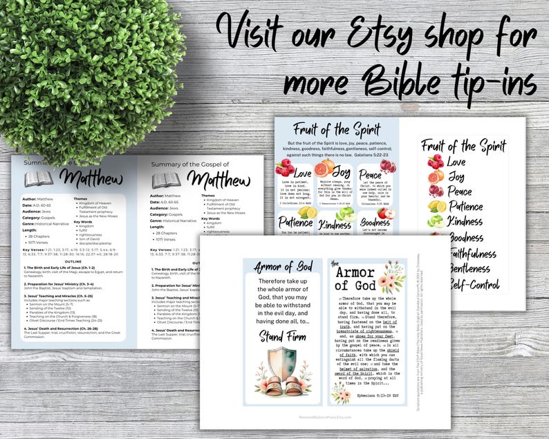 May include: A collection of printed Bible study tip-ins featuring the Summary of the Gospel of Matthew, Fruit of the Spirit, and Armor of God. The cards include text, colorful fruit illustrations, and floral accents on white paper sheets.
