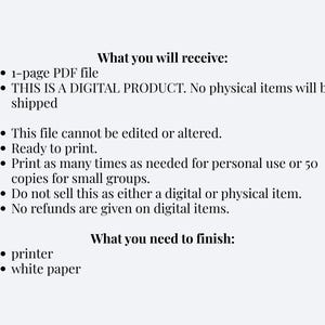 May include: Text on a light gray background lists what the buyer will receive: a 1-page PDF file, a digital product, and that the file cannot be edited. It also states the file is ready to print and what is needed to finish.