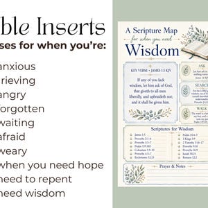May include: A printed Bible insert card titled A Scripture Map for when you need Wisdom, featuring an open book, a lantern, and floral illustrations. The text includes James 1:5 KJV, sections for Ask, Search, Walk, and a list of scriptures.