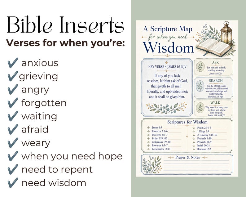 May include: A printed Bible insert card titled A Scripture Map for when you need Wisdom, featuring an open book, a lantern, and floral illustrations. The text includes James 1:5 KJV, sections for Ask, Search, Walk, and a list of scriptures.
