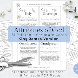 May include: A collection of 31 printable scripture cards, featuring attributes of God in the King James Version. The cards are white with black text and floral accents. A pair of scissors and decorative flowers are also present.