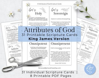 31 Carte degli attributi di Dio stampabili KJV Carte delle Scritture per lo studio della Bibbia Carattere di Dio Versione King James Carte dei versetti biblici