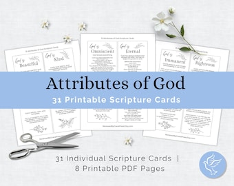 Tarjetas de los 31 atributos de Dios Tarjetas de las Escrituras imprimibles para el estudio bíblico Tarjetas de versículos bíblicos del carácter de Dios Etiquetas de regalos cristianos