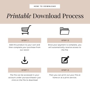 May include: An instructional graphic titled Printable Download Process with four steps. Icons include a shopping cart, a folder, a download arrow, and a square with a pencil. Text explains the process of purchasing, accessing, and printing files.