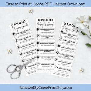 May include: Three white and black U.P.R.O.O.T. Prayer Guide cards with text, including scripture references. The cards are arranged with a pair of vintage scissors and small white flowers. The text includes "Understanding & Applying Scripture" and "Transformation in Christ".
