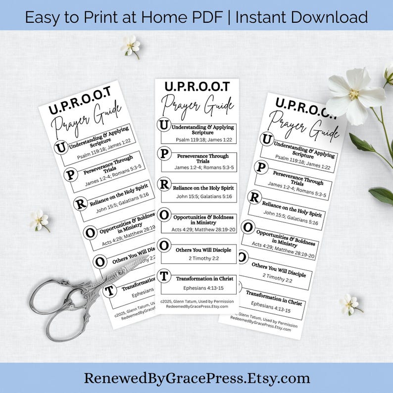 May include: Three white and black U.P.R.O.O.T. Prayer Guide cards with text, including scripture references. The cards are arranged with a pair of vintage scissors and small white flowers. The text includes "Understanding & Applying Scripture" and "Transformation in Christ".