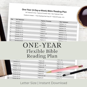 May include: A one-year Bible reading plan printed on white paper, with a cup of coffee and two pens. The plan is divided into Old Testament, Psalms/Proverbs, and New Testament sections. The text "ONE-YEAR Flexible Bible Reading Plan" is displayed below the reading schedule.