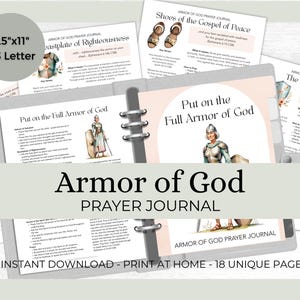 May include: A gray binder with pages from an "Armor of God Prayer Journal." The journal includes illustrations and text about faith and spirituality. The cover reads "Armor of God Prayer Journal." The pages are 8.5" x 11".