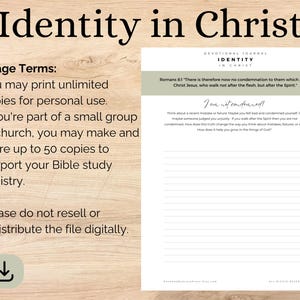 Op de afbeelding: Een dagboek met de titel "Identity in Christ" met tekst uit Romeinen 8:1. Het dagboek bevat gelinieerde pagina's voor reflectie en de zin "I am not condemned!" in een handschrift. Gebruiksvoorwaarden zijn ook opgenomen.