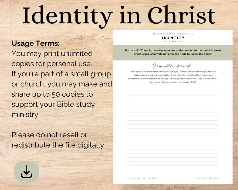 Op de afbeelding: Een dagboek met de titel "Identity in Christ" met tekst uit Romeinen 8:1. Het dagboek bevat gelinieerde pagina's voor reflectie en de zin "I am not condemned!" in een handschrift. Gebruiksvoorwaarden zijn ook opgenomen.