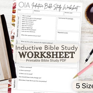 Könnte beinhalten: Ein ausdruckbares OIA Inductive Bible Study Worksheet PDF-Dokument mit Abschnitten für Beobachtung, Interpretation und Anwendung. Das Blatt enthält Felder für Datum, Referenz und Version, zusammen mit einem schwarzen Stift, einem rosa Stift und einer Bibel.