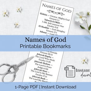 May include: A printable bookmark featuring a list of the Names of God, with text in black. The bookmark is decorated with small white flowers and a pair of decorative scissors. The words "Names of God" and "Printable Bookmarks" are displayed.