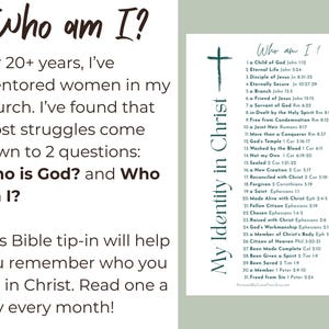 Peut inclure: Une carte rectangulaire blanche pr&eacute;sentant le texte vert fonc&eacute; Who am I? en haut, suivi d'une liste num&eacute;rot&eacute;e de 31 d&eacute;clarations d'identit&eacute; spirituelle avec des versets bibliques. Une ic&ocirc;ne de croix vert fonc&eacute; est plac&eacute;e &agrave; gauche du texte.