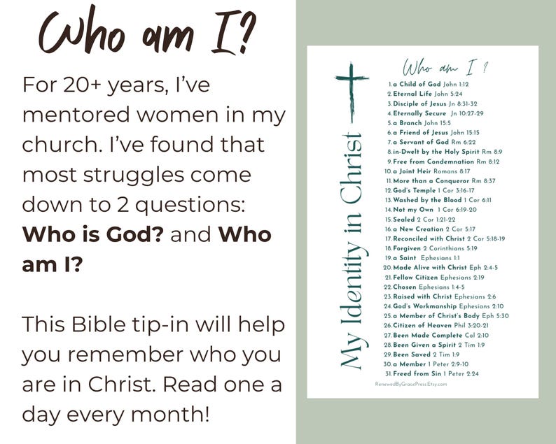 Peut inclure: Une carte rectangulaire blanche pr&eacute;sentant le texte vert fonc&eacute; Who am I? en haut, suivi d'une liste num&eacute;rot&eacute;e de 31 d&eacute;clarations d'identit&eacute; spirituelle avec des versets bibliques. Une ic&ocirc;ne de croix vert fonc&eacute; est plac&eacute;e &agrave; gauche du texte.