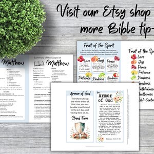 Peut inclure: Trois fiches d'&eacute;tude biblique imprim&eacute;es avec le texte Summary of the Gospel of Matthew, Fruit of the Spirit et The Armor of God. Les pages incluent des listes, des r&eacute;f&eacute;rences bibliques et des illustrations de fruits, un bouclier et des sandales.
