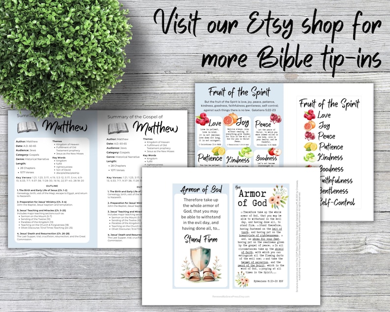 Peut inclure: Trois fiches d'&eacute;tude biblique imprim&eacute;es avec le texte Summary of the Gospel of Matthew, Fruit of the Spirit et The Armor of God. Les pages incluent des listes, des r&eacute;f&eacute;rences bibliques et des illustrations de fruits, un bouclier et des sandales.