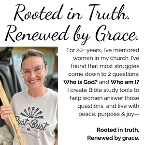 Puede incluir: Imagen con el texto "Rooted in Truth. Renewed by Grace." Una mujer con gafas y una camiseta con el texto "Rust or Bust" sonr&iacute;e. La imagen tambi&eacute;n incluye el texto "Who is God? and Who am I?"